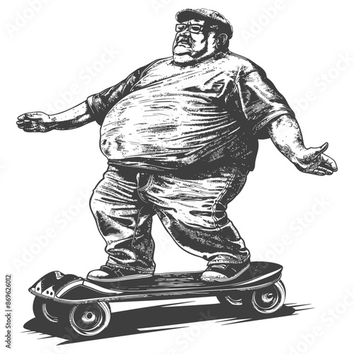 Skateboarding Paradox: Overweight Man Balancing on Skateboard, Vintage Engraving Style