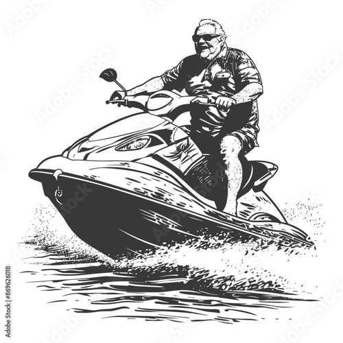 Jet Ski Joyride: Elderly Man Carving Waves, Graphic Illustration