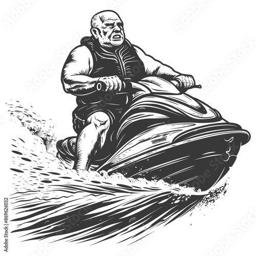 Monochrome Muscle: Intense Bald Man Rides Jet Ski, Water Spraying, Bold Vector.