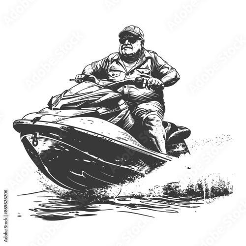 Bold Man on Jet Ski, Graphic Black and White Illustration, Water Sport Adventure.