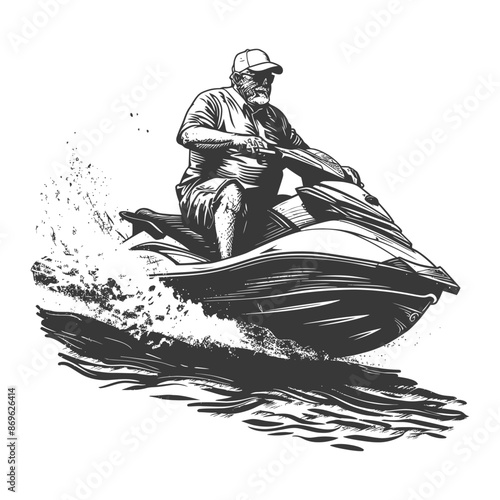 Ink Sketch: Mature Man Joyriding on Jet Ski, Water Spray, Summer Fun.