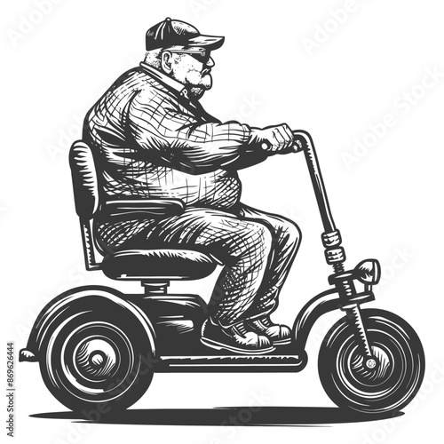 Crosshatched Senior on Scooter: Black and White Disability Mobility Illustration.