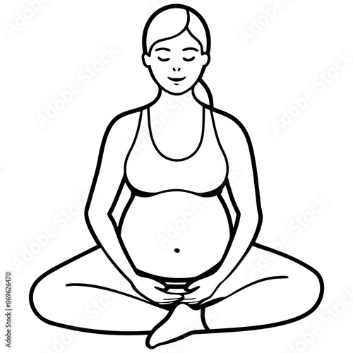 A pregnant woman sits in lotus position with closed eyes