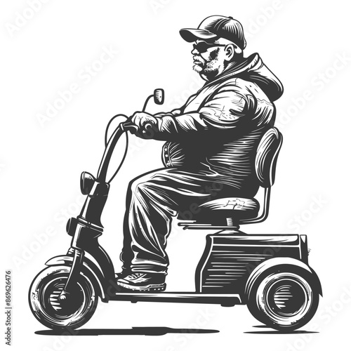 Grayscale Scooter Rider: Elderly Man in Cap & Hoodie on Mobility Vehicle, Line Art Style