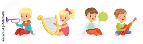 Little Kids Playing Musical Instrument Vector Illustration Set