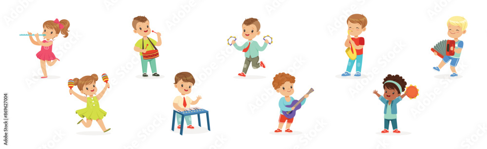 Little Kids Playing Musical Instrument Vector Illustration Set Little Kids Playing Musical Instrument Vector Illustration Set