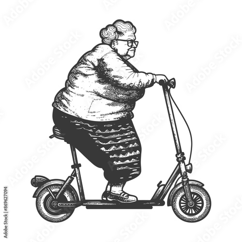 Engraving: Elderly Woman on Scooter, Retro Mobility, Humorous Illustration.