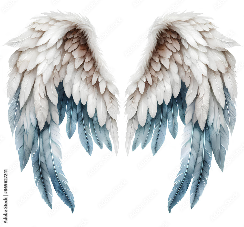 Fototapeta premium Watercolor illustration of holographic angel feather feather wings on white background