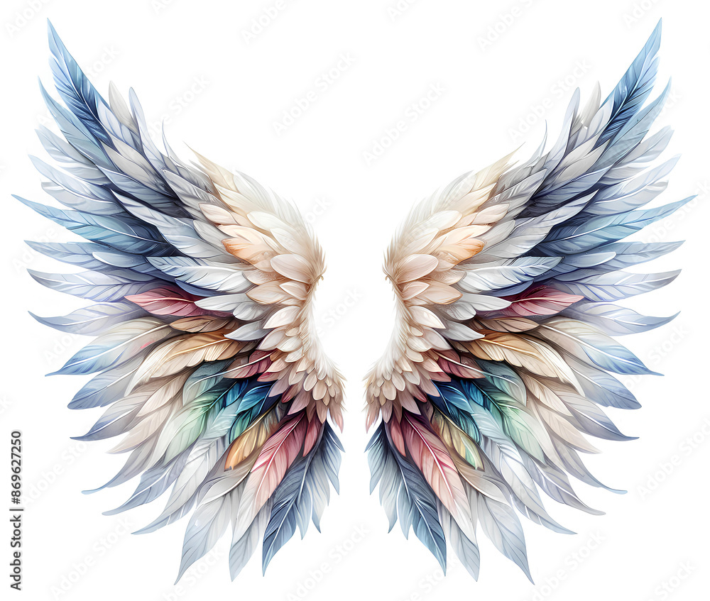 Fototapeta premium Watercolor illustration of holographic angel feather feather wings on white background