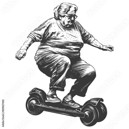 Elderly Woman Balancing on Hoverboard, Engraving Style.