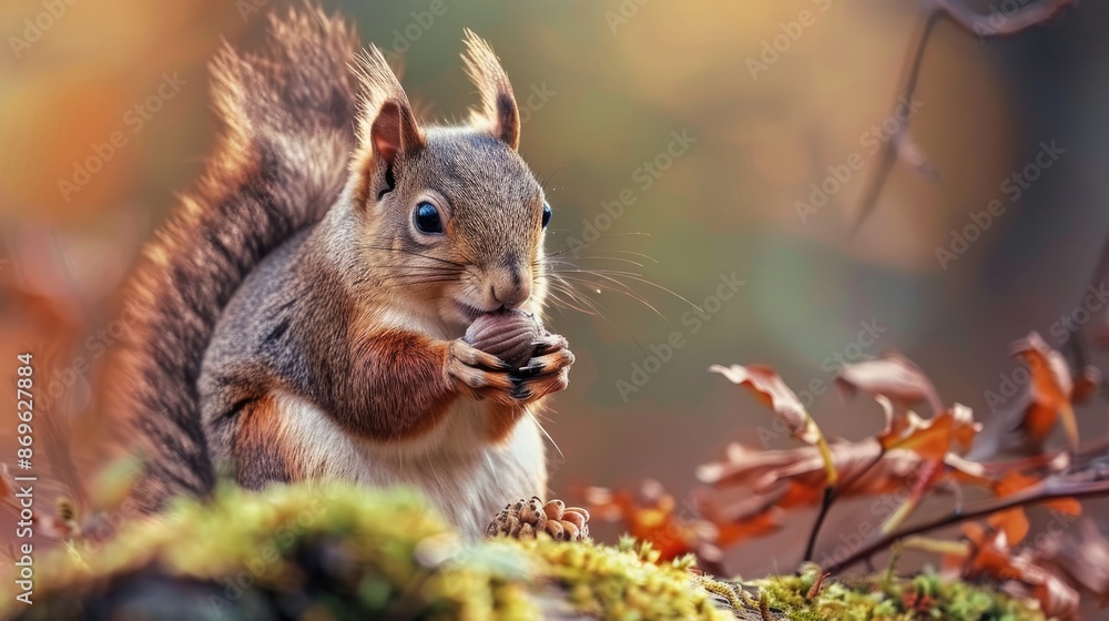 Fototapeta premium A squirrel is eating a nut on a mossy log