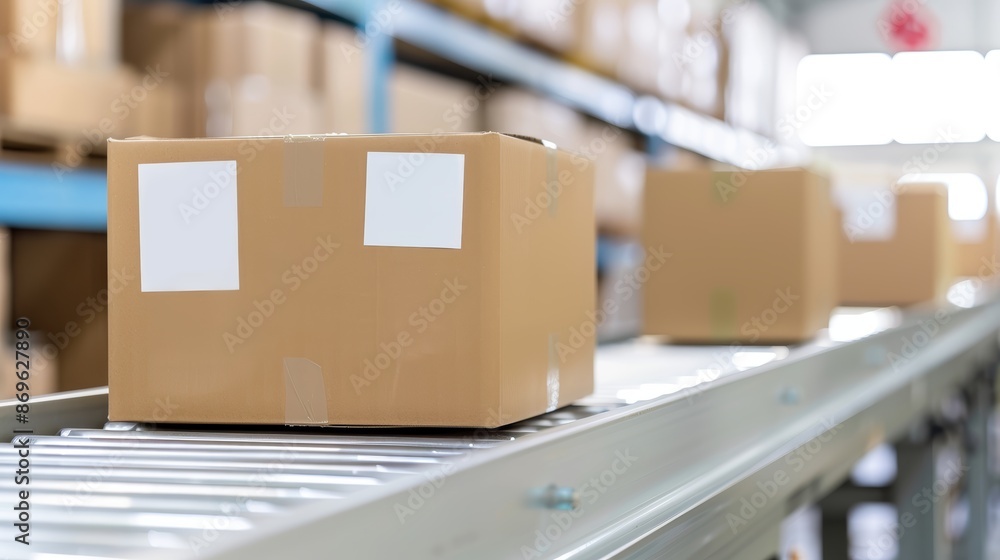 Rows of cardboard boxes on a conveyor belt in a warehouse, highlighting the automated process of e-commerce order fulfillment, precise and efficient packaging, detailed shot Rows of cardboard boxes on a conveyor belt in a warehouse, highlighting the automated process of e-commerce order fulfillment, precise and efficient packaging, detailed shot
