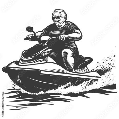 Elderly Woman Joyriding on Jet Ski, Cartoon Illustration