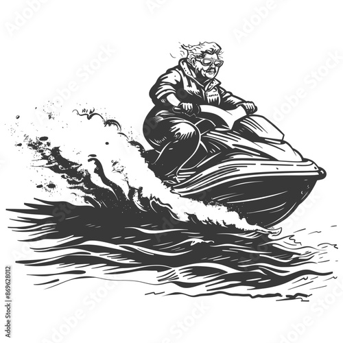 Ink Drawing: Grandma's Wild Ride - Elderly Woman Jet Skiing, Bold Strokes, White Background, Water Spray.