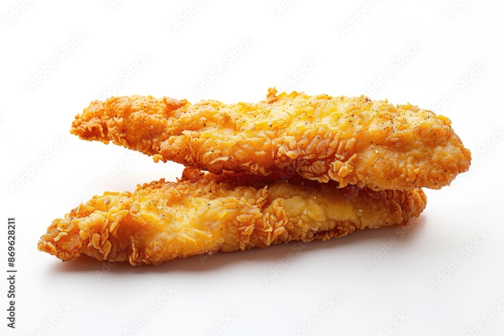 Crispy Chicken Fingers Duo in Minimalist Composition on White Background Crispy Chicken Fingers Duo in Minimalist Composition on White Background