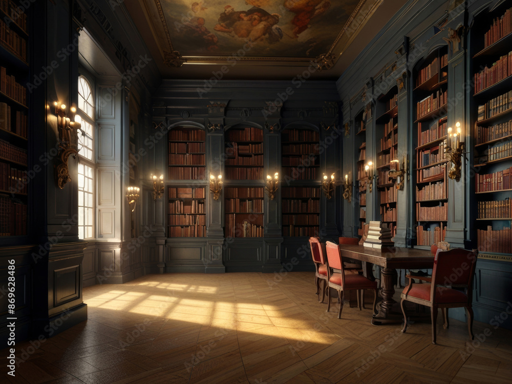 interior of baroque library, hyperrealistic, dramatic interior of baroque library, hyperrealistic, dramatic