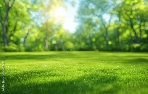 Impressionist spring landscape with blurred green grass meadow trees blue sky sunny day