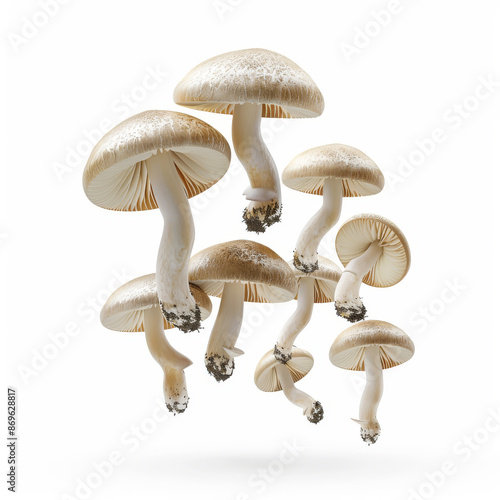 Champignon mushrooms floating or flying, isolated on a white background photo