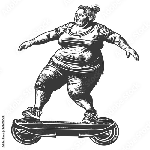 Monochrome Engraving: Curvy Woman Balancing on Hoverboard, Athletic Spirit.