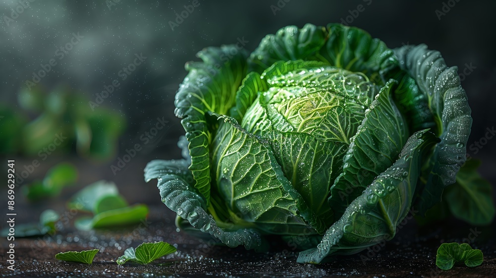 Obraz premium Fresh Green Cabbage With Water Drops on Wooden Surface