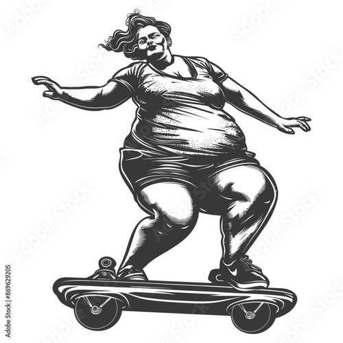 Skateboarding Plus-Size Woman, Retro Style Engraving Illustration, Confidence in Motion.