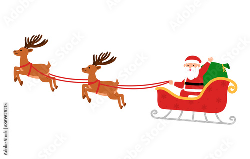 Santa Claus on a sleigh with sack full with christmas gifts ans  two reindeer , santa waving hand