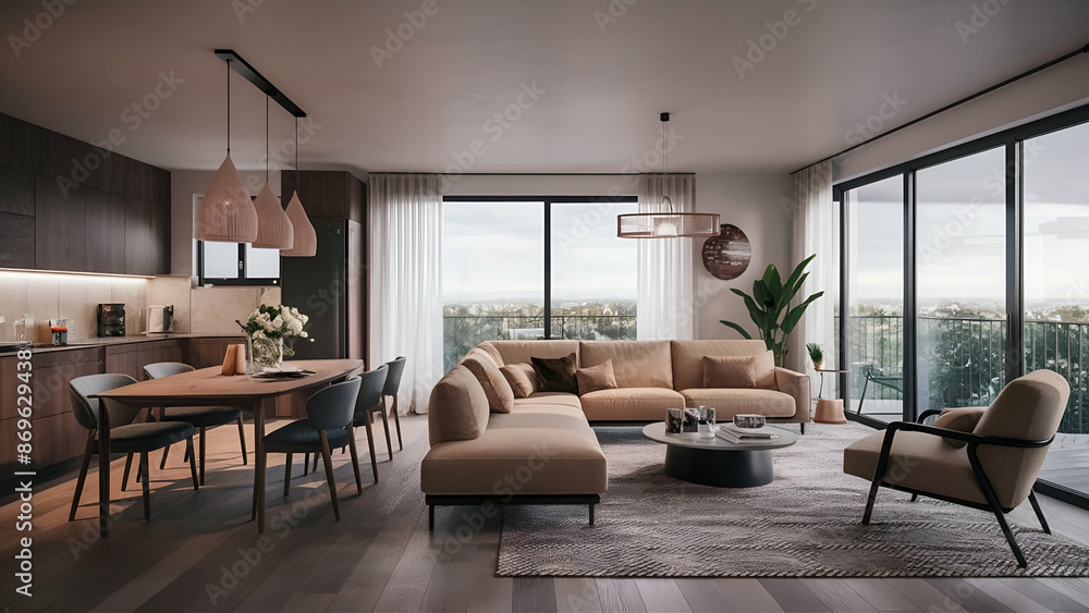 custom made wallpaper toronto digitalInterior design of modern scandinavian apartment, living room and dining room, panorama 3d rendering