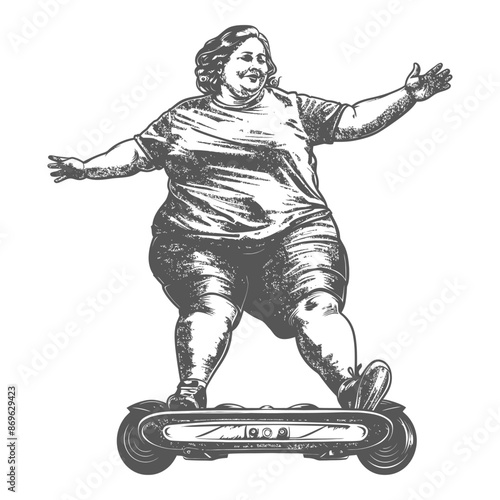 Etched Plus-Size Woman Balancing on Hoverboard, Joyful Expression, Engraving Style.
