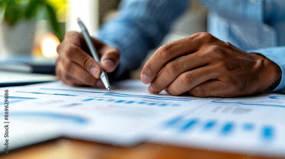 Professional businessman reviewing financial documents at desk with charts and graphs in modern office setting holding a pen Professional businessman reviewing financial documents at desk with charts and graphs in modern office setting holding a pen