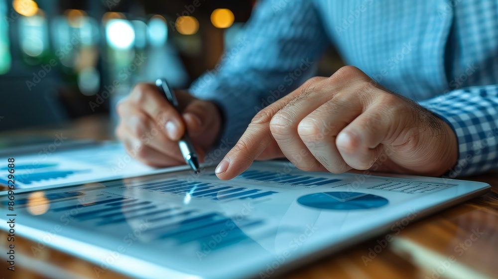 Closeup professional businessman's hand using pen and finger to analyze data on tablet with charts and graphs in modern office setting Closeup professional businessman's hand using pen and finger to analyze data on tablet with charts and graphs in modern office setting