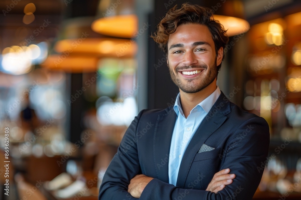 Smiling Man In Blue Suit At Restaurant Smiling Man In Blue Suit At Restaurant
