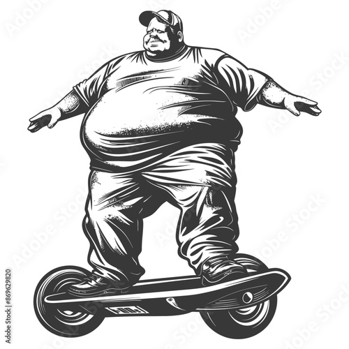 Monochrome cartoon: Overweight man with mustache on an electric skateboard, arms out for balance.