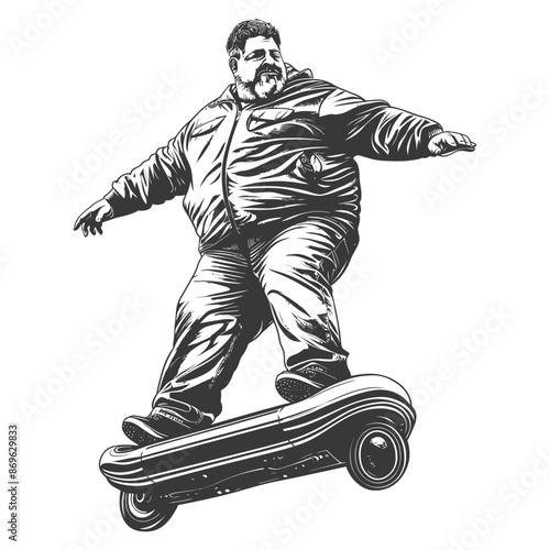 Engraved Style: Overweight Man Balances on Futuristic One-Wheel Skateboard.