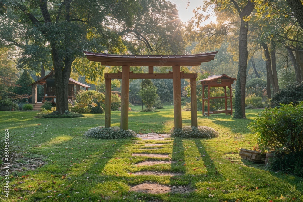 Wooden Torii gate stands at the entrance Japanese garden, surrounded by lush greenery and natural sunlight filtering through trees, creating serene, peaceful atmosphere in tranquil park setting. Wooden Torii gate stands at the entrance Japanese garden, surrounded by lush greenery and natural sunlight filtering through trees, creating serene, peaceful atmosphere in tranquil park setting.