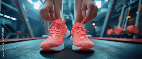 Woman Tying Running Shoes Before Workout on Treadmill in Gym