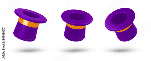Set 3d rendering illustration of a purple Cylinder magic hat with golden ribbon. Vintage man fashion and magic show concept. Vector art isolated on white background