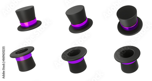 Vintage man fashion and magic show concept.  Set 3d rendering illustration of a Cylinder magic hat with purple ribbon. Vector art isolated on white background