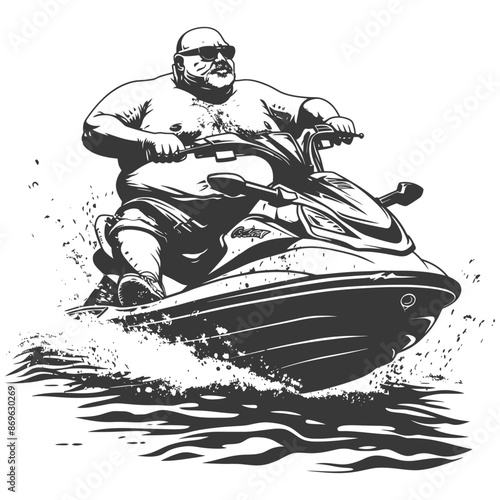 Monochrome Jet Ski Rider: Overweight Man in Sunglasses Enjoying Watersport.