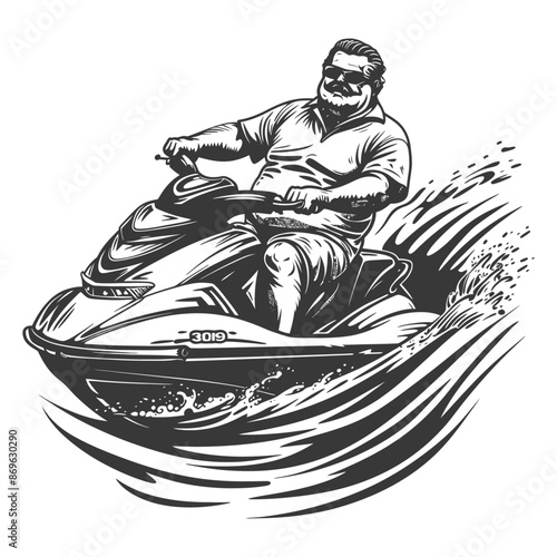Vector Jet Ski Rider: Middle-Aged Man with Mustache Enjoying Water Sports.