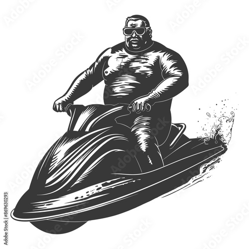 Engraved Style: Burly Man in Sunglasses on Jet Ski, Water Spray Detail.