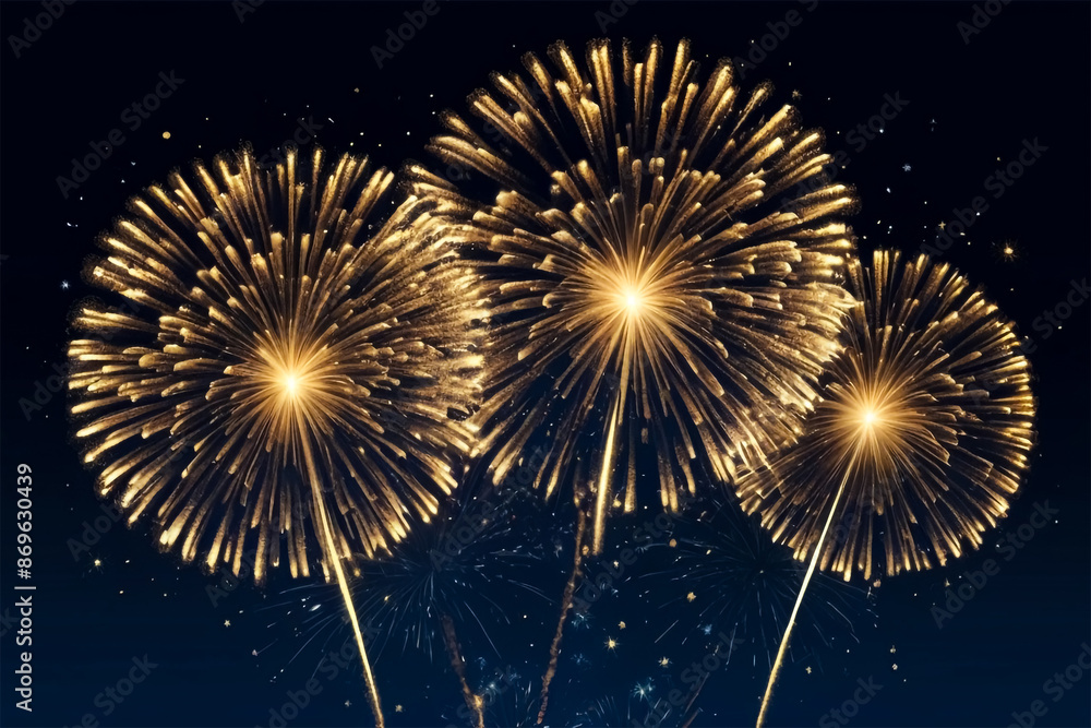Fototapeta premium Golden Firework Bursts on Midnight Blue Sky Background