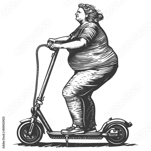 Engraved Obese Woman on Scooter: Monochrome Vintage Illustration.