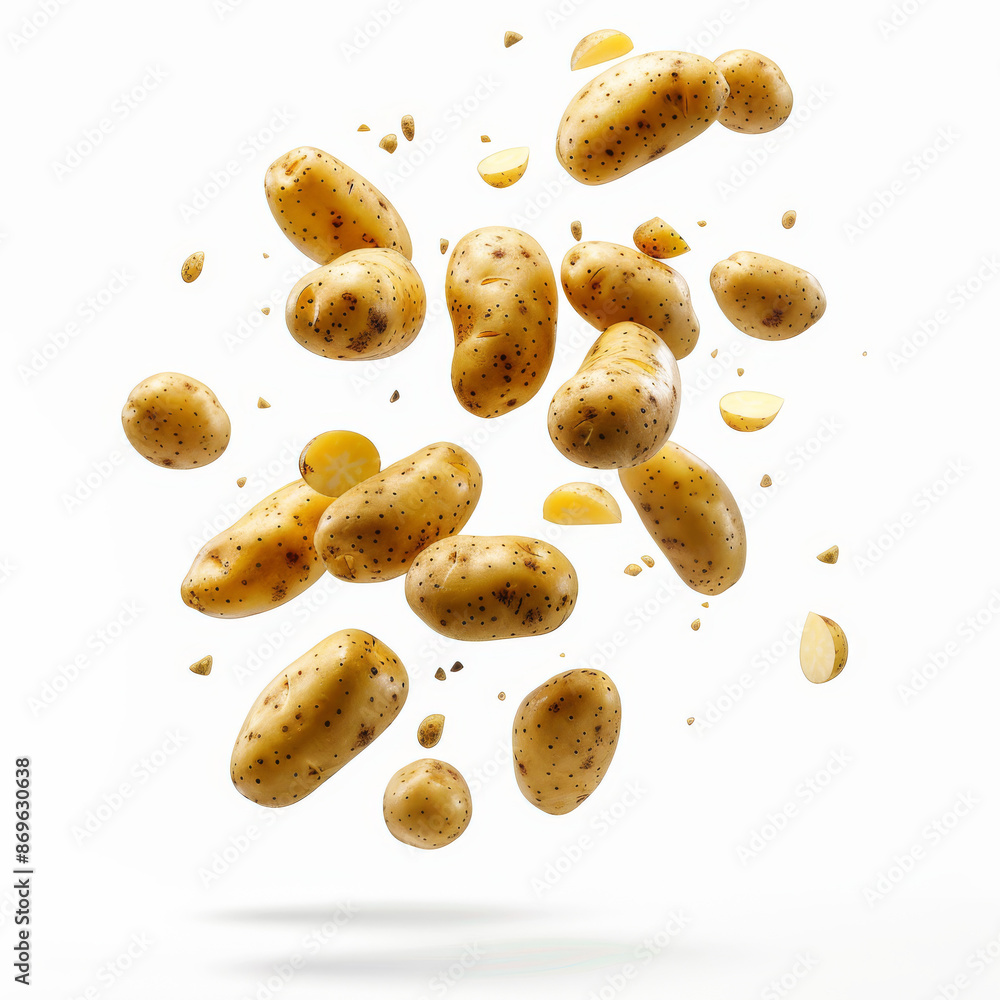 Potatoes flying or levitating, isolated on a white background Potatoes flying or levitating, isolated on a white background