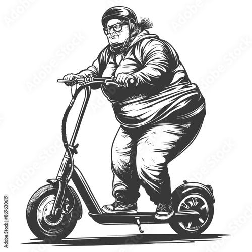 Line Art: Curvy Woman in Helmet Riding Electric Scooter, Urban Mobility, Casual Wear.