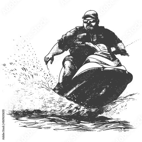 Ink Drawing: Bearded Man Powering Through Water on Jet Ski, Creating Splash.