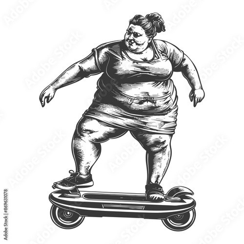 Sketched Overweight Woman Balancing on Electric Scooter.