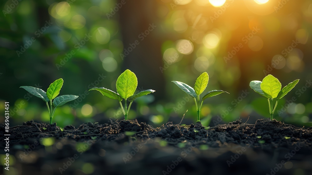 A row of green seedlings sprouting in dark soil, reaching towards the sunlight. A row of green seedlings sprouting in dark soil, reaching towards the sunlight.