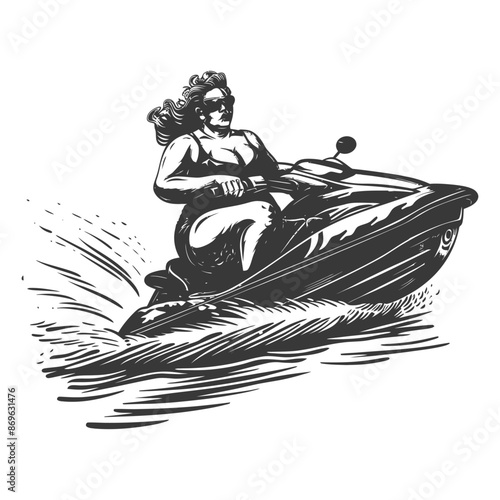 Ink Jet Ski Rider: Curvy Woman, Speed, Water Sport, Black and White Illustration