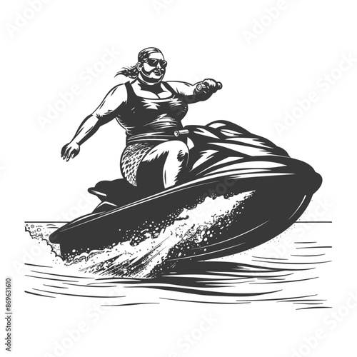 Monochrome woman with sunglasses riding a jet ski, splashing water, vector illustration.
