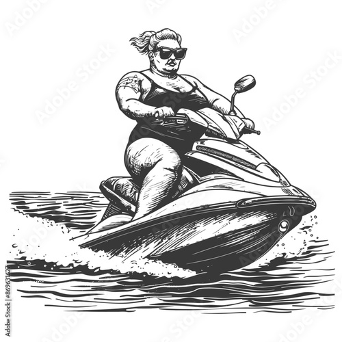Confidence on the Water: Curvy Woman Jet Skiing, Vector Illustration.